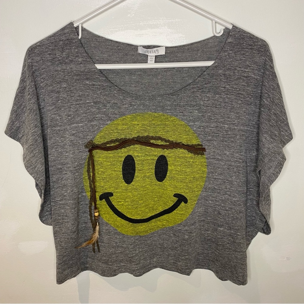 Vintage Delia’s XS Hippie Smiley Face Feather Accent Heather Gray Crop Top